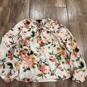 Forever 21 Cream Floral Tie-Neck Blouse with Peach & Yellow Blooms